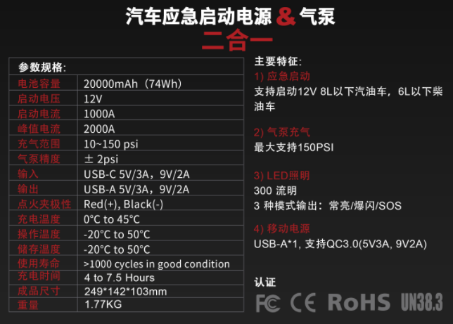 汽车应急启动电源Lokithor参数功能表