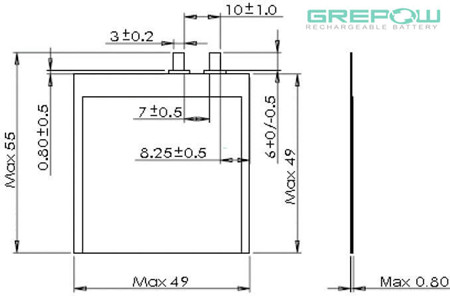 0.8mm超薄电池GRP0849049结构图