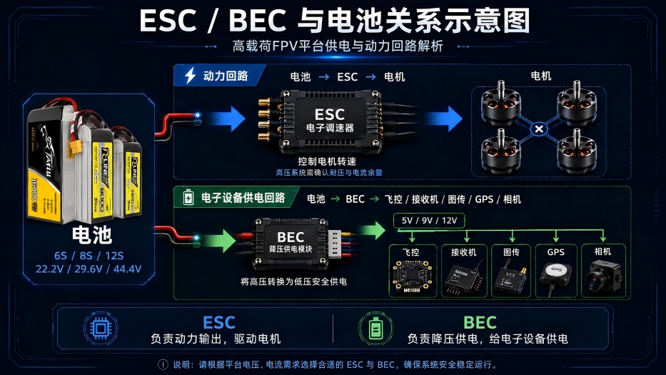10-22寸FPV无人机ESC/BEC与电池关系 10-22寸FPV无人机ESC/BEC与电池关系